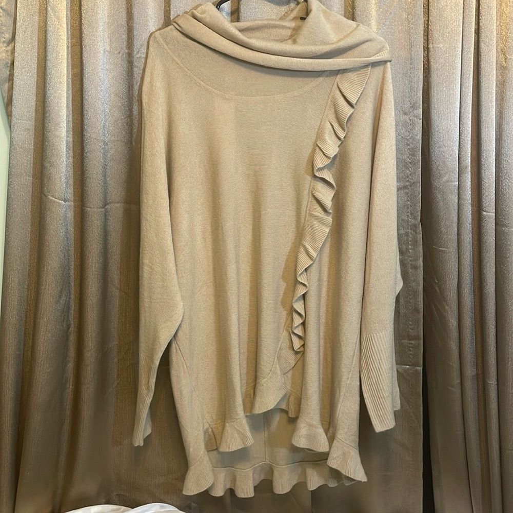 NY Collection, beige sweater size large ruffle accent